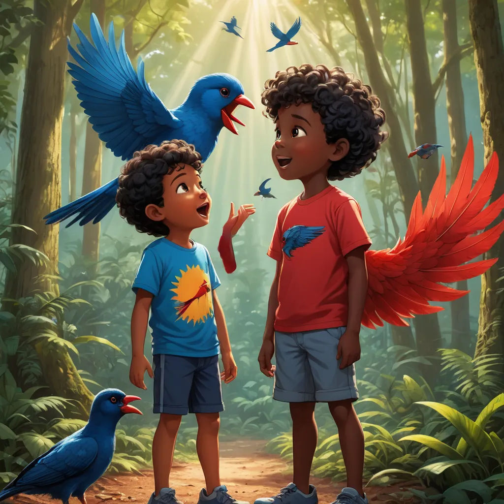 a boy and a girl are standing in the woods with birds flying around them and talking to each other, art & language, a storybook illustration, Chris LaBrooy, official art