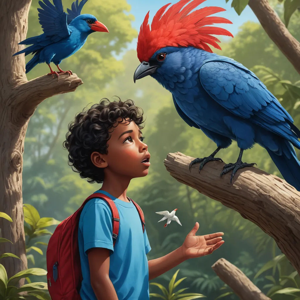 a boy looking at a bird on a tree branch with another bird on his shoulder and another bird on his shoulder, fantasy art, a storybook illustration, Chris LaBrooy, highly detailed digital painting