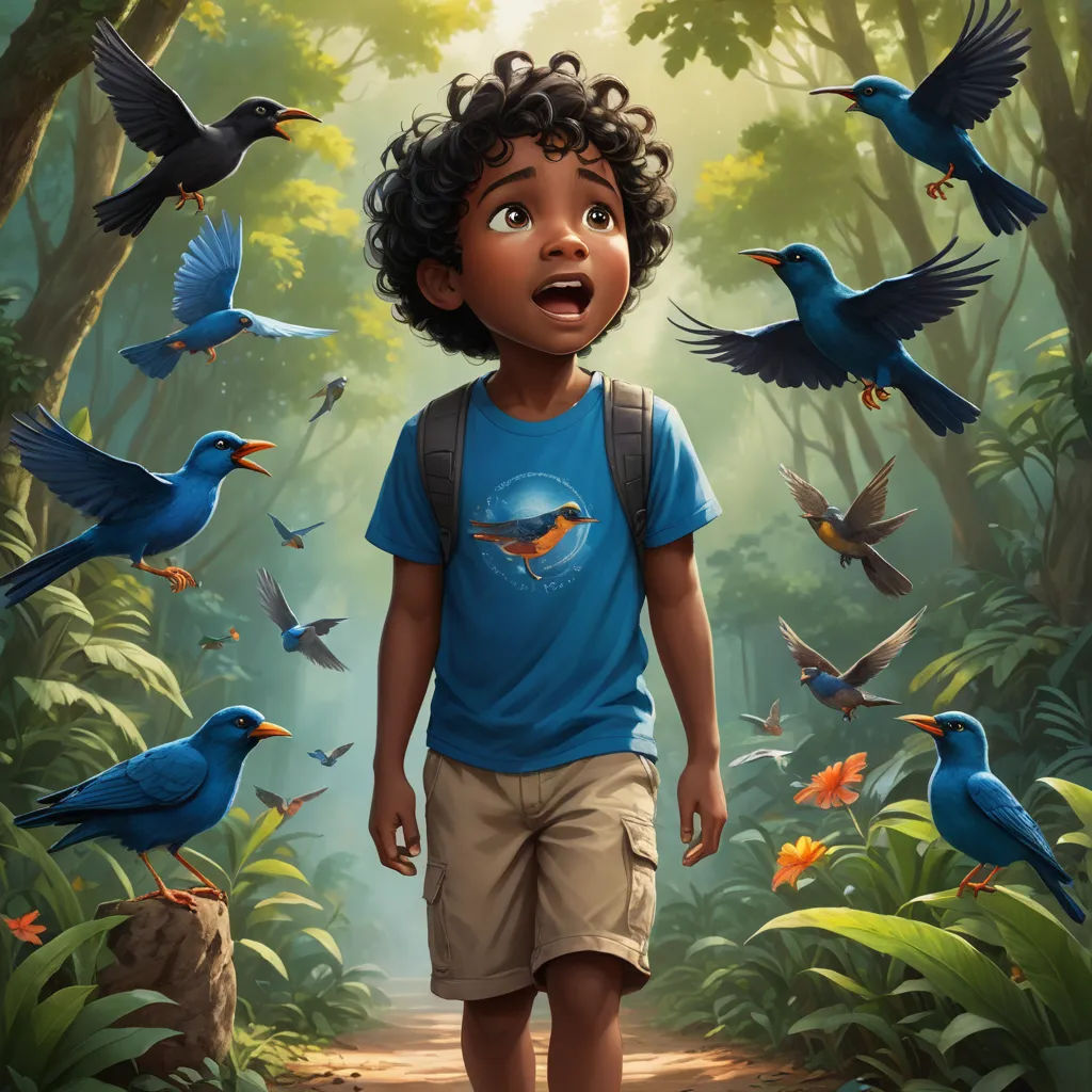 a boy is standing in the middle of a forest with birds flying around him and a blue bird flying above him, magical realism, poster art, Chris LaBrooy, key art