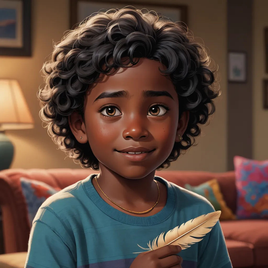 a young boy with curly hair holding a feather in his hand and looking at the camera with a smile on his face, photorealism, a character portrait, Chris LaBrooy, ultra realistic illustration