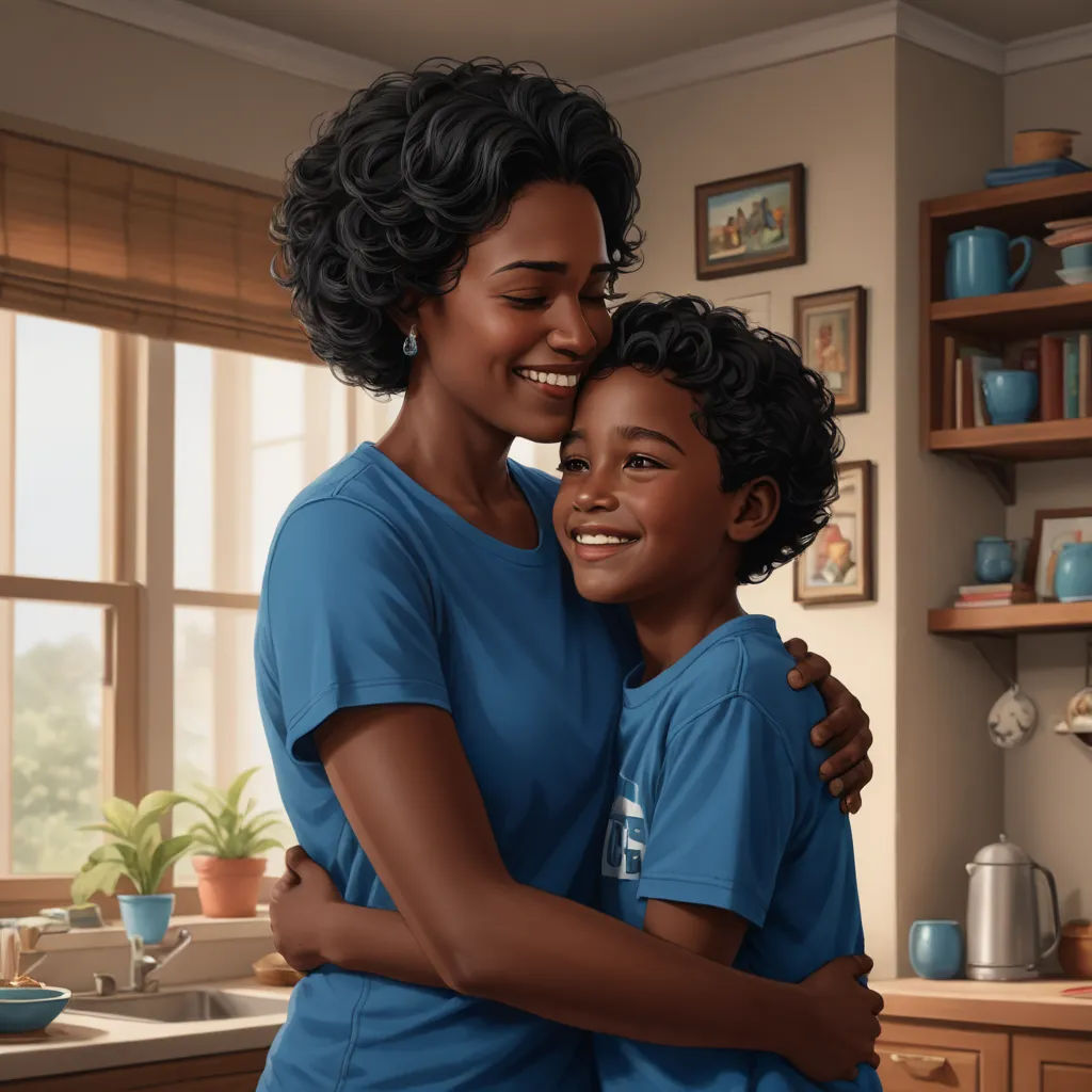 a painting of a woman hugging a child in a kitchen with a window in the background and a potted plant on the counter, american scene painting, a storybook illustration, Chris LaBrooy, highly detailed digital painting