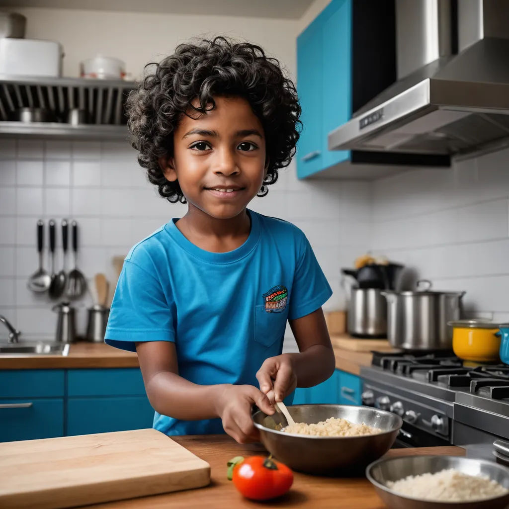a young boy is preparing a meal in the kitchen with a wooden table and blue cabinets and a stove, samikshavad, a stock photo, Charly Amani, professional food photography