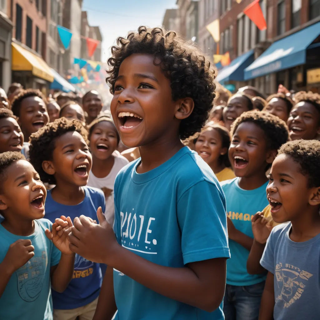 a group of children standing in front of a crowd of people in blue shirts and blue shirts and smiling, harlem renaissance, a poster, Arie Smit, promotional image