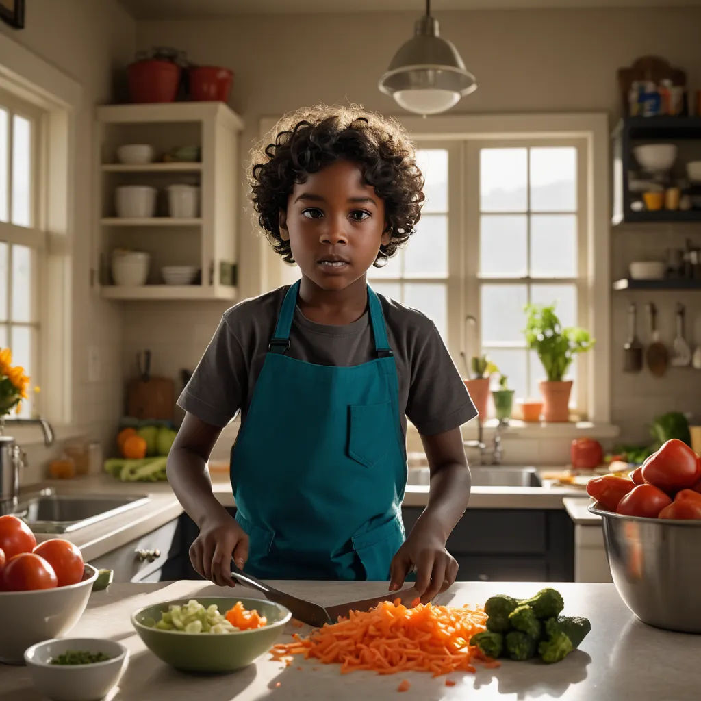 a young boy cutting carrots in a kitchen with a knife and bowl of vegetables on the counter top, american impressionism, a stock photo, Darrell Riche, professional food photography