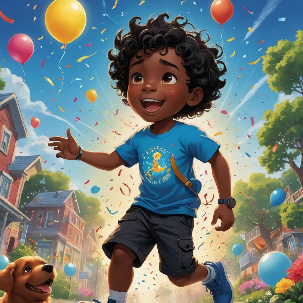 a young boy running through a park with balloons and confetti in the air and a dog nearby, american scene painting, a character portrait, Chris LaBrooy, key art