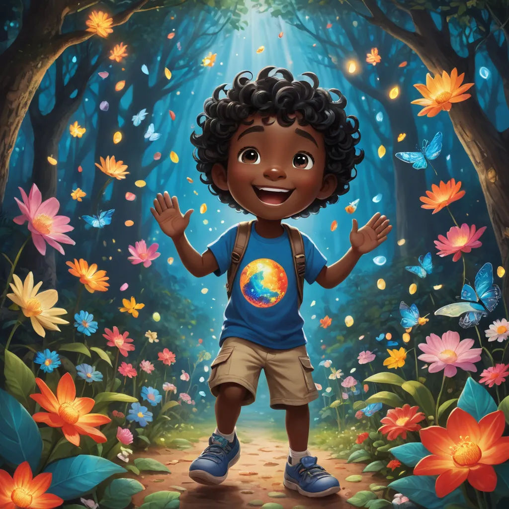 a young boy standing in a forest with flowers and butterflies around him, with a blue shirt and tan shorts, maximalism, a storybook illustration, Chris LaBrooy, official art
