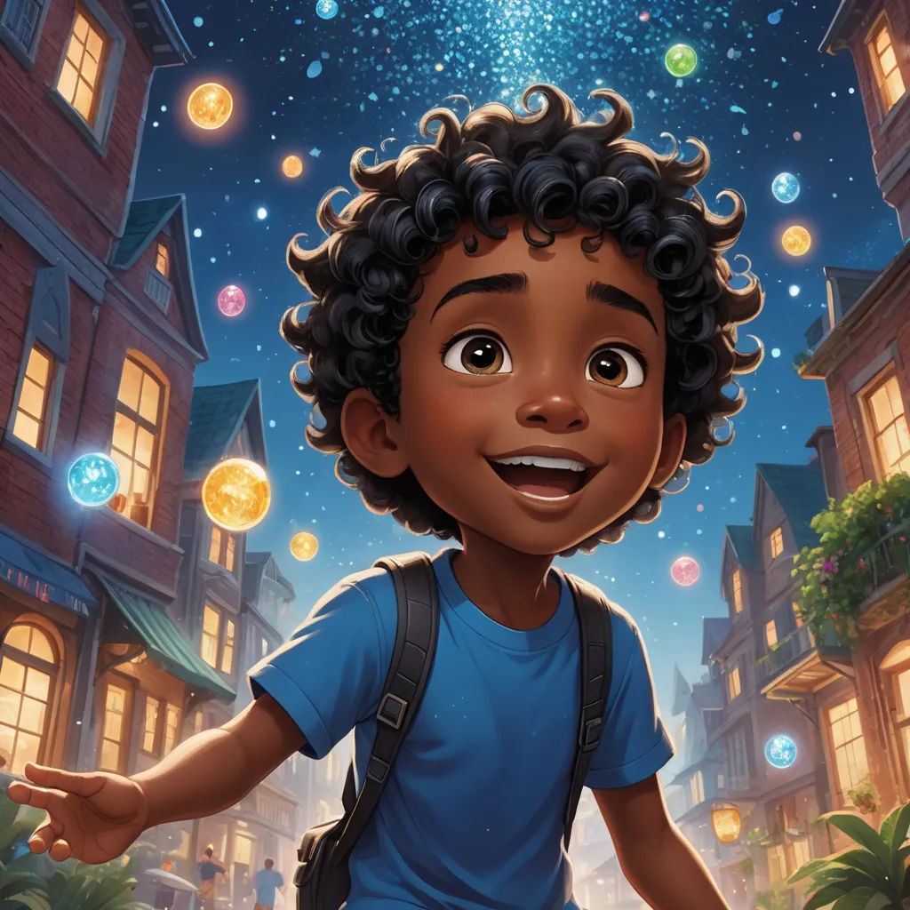 a young boy is smiling and holding his hands out to the stars above him in a cartoon style,, magical realism, poster art, Chris LaBrooy, key art