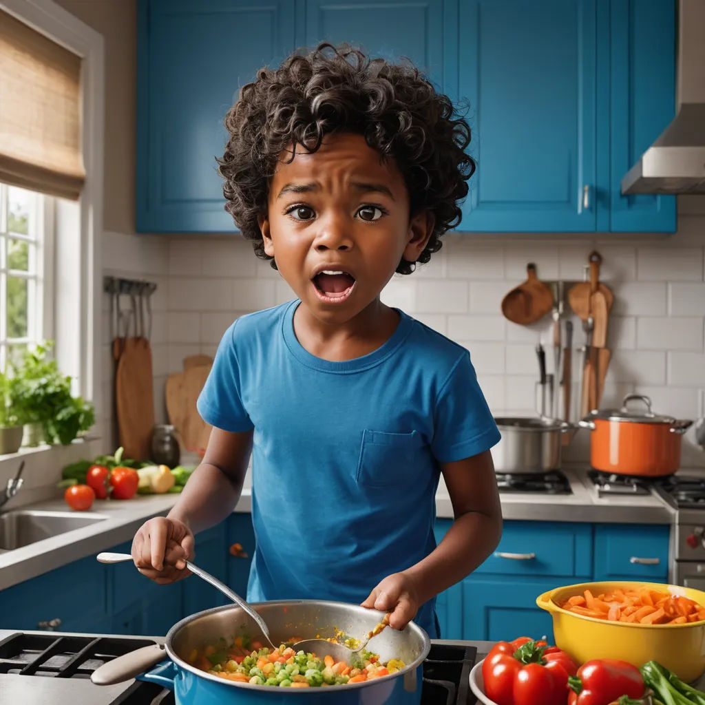 a young boy is making a face while cooking in a kitchen with blue cabinets and a stove top with a pot of vegetables, photorealism, a stock photo, Chris LaBrooy, professional food photography