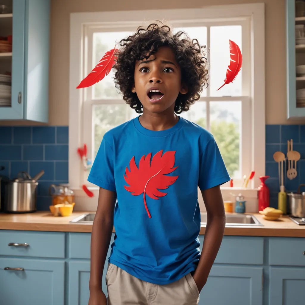 a young boy standing in a kitchen with a red leaf on his shirt on his head and a blue kitchen counter, art & language, a silk screen, Chris LaBrooy, adobe photoshop