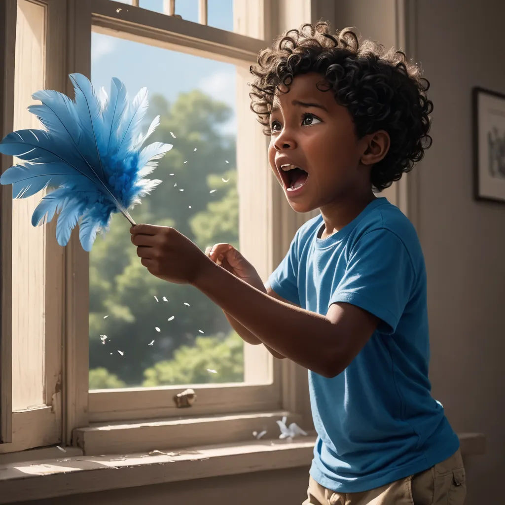 a young boy holding a blue feathered object in his hand and looking out a window at the trees, american scene painting, a hyperrealistic painting, Chris LaBrooy, ultra realistic digital art