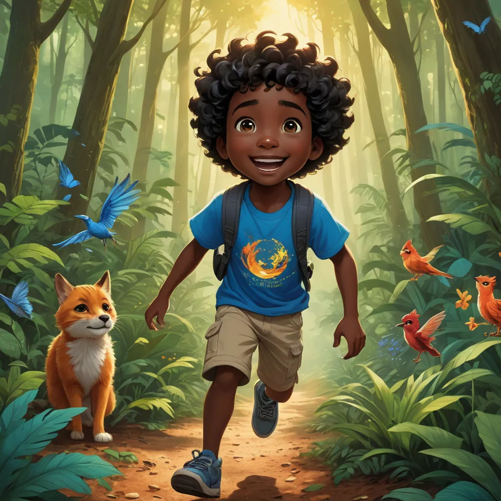 a young boy is running through a forest with a fox and birds around him and a bird flying above him, sots art, poster art, Aaron Jasinski, key art