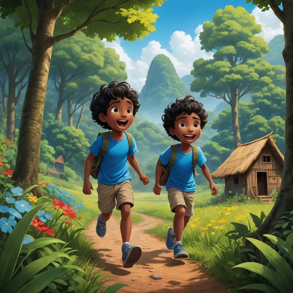 two children running down a path in a forest with a hut in the background and a small hut in the foreground, american scene painting, a storybook illustration, Brothers Hildebrandt, official art