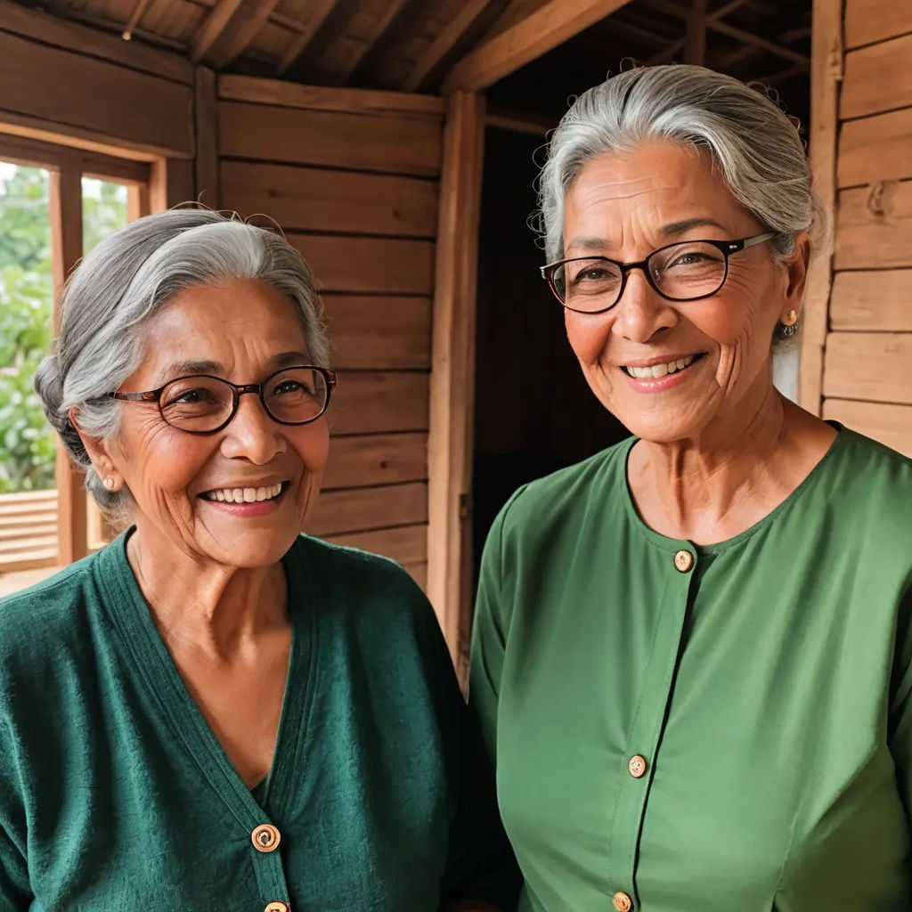 two women standing next to each other in front of a window with wooden walls and a wooden floor and a wooden ceiling, samikshavad, a photocopy, Ella Guru, studio portrait