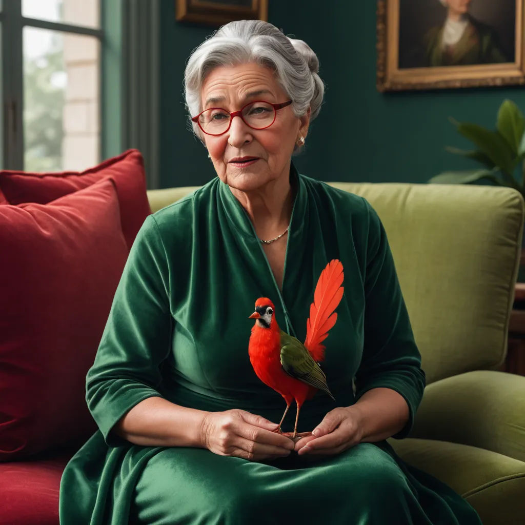 a woman sitting on a couch holding a bird on her lap and a red pillow behind her, with a green wall and a red pillow behind her, photorealism, a flemish Baroque, Eva Gonzalès, behance hd