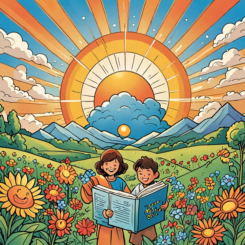 a couple of kids standing in a field of flowers reading a book under a sun setting over a mountain, naive art, a storybook illustration, Carol Sutton, book cover