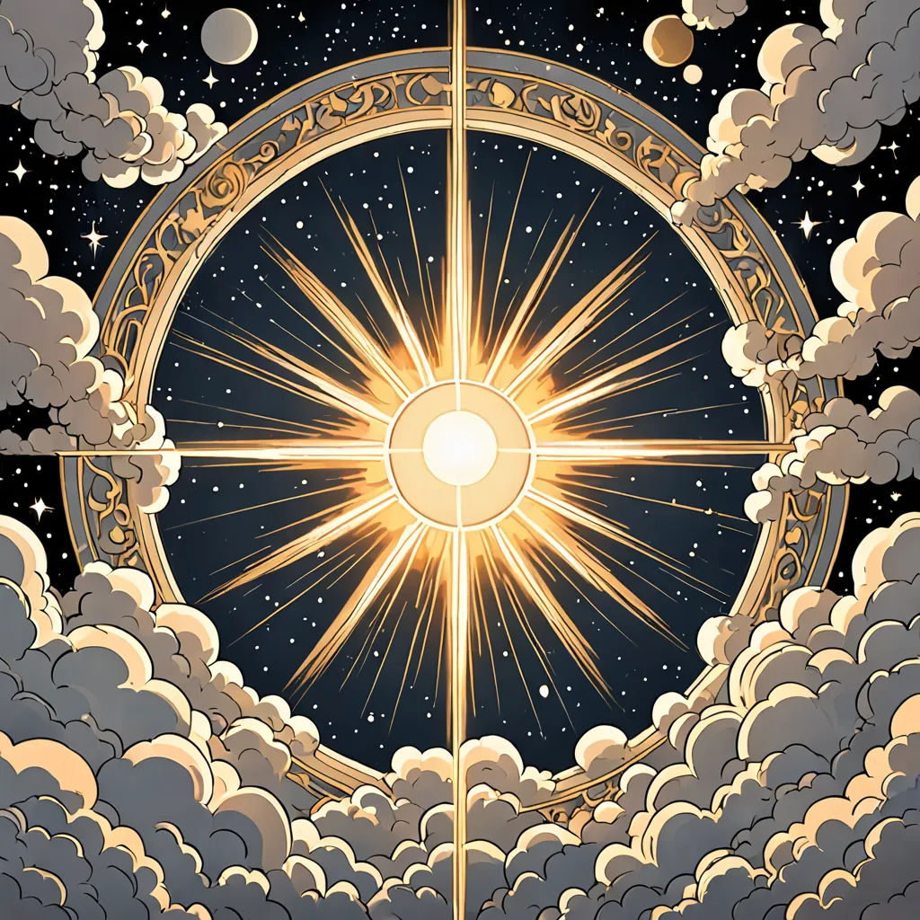 a painting of a sun surrounded by clouds and stars in the sky with a star in the middle of the picture, space art, an album cover, Asaf Hanuka, sun