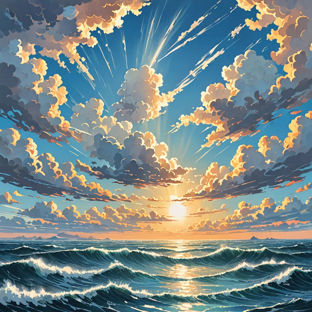 a painting of a sunset over the ocean with clouds and sun rays coming out of the clouds over the ocean, precisionism, a painting, Dan Mumford, highly detailed digital painting