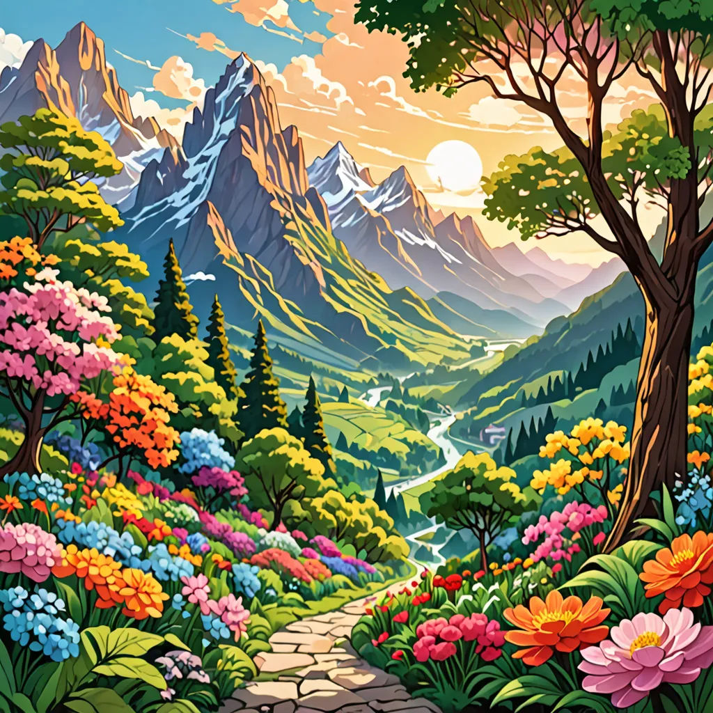 a painting of a mountain landscape with flowers and trees on the ground and a path leading to a lake, fantasy art, a detailed matte painting, Dan Mumford, kinkade