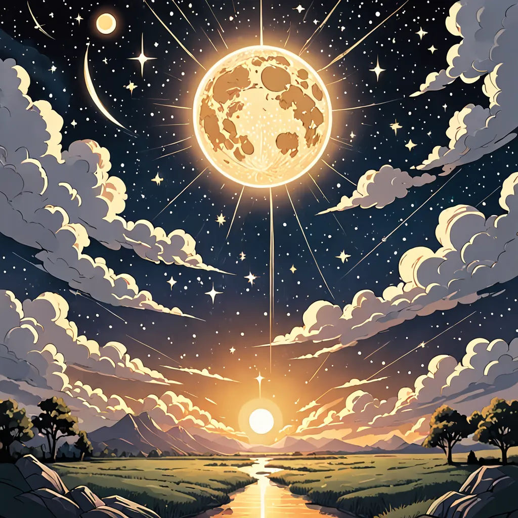 a painting of a river and a full moon in the sky with stars and clouds above it, with a path leading to the moon, space art, poster art, Chris LaBrooy, sun