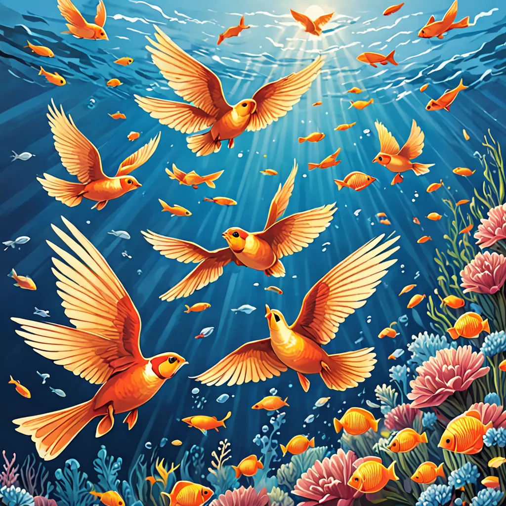 a painting of a group of birds flying over a coral reef with fish swimming around it and a sun shining above, psychedelic art, poster art, Chris LaBrooy, highly detailed digital painting