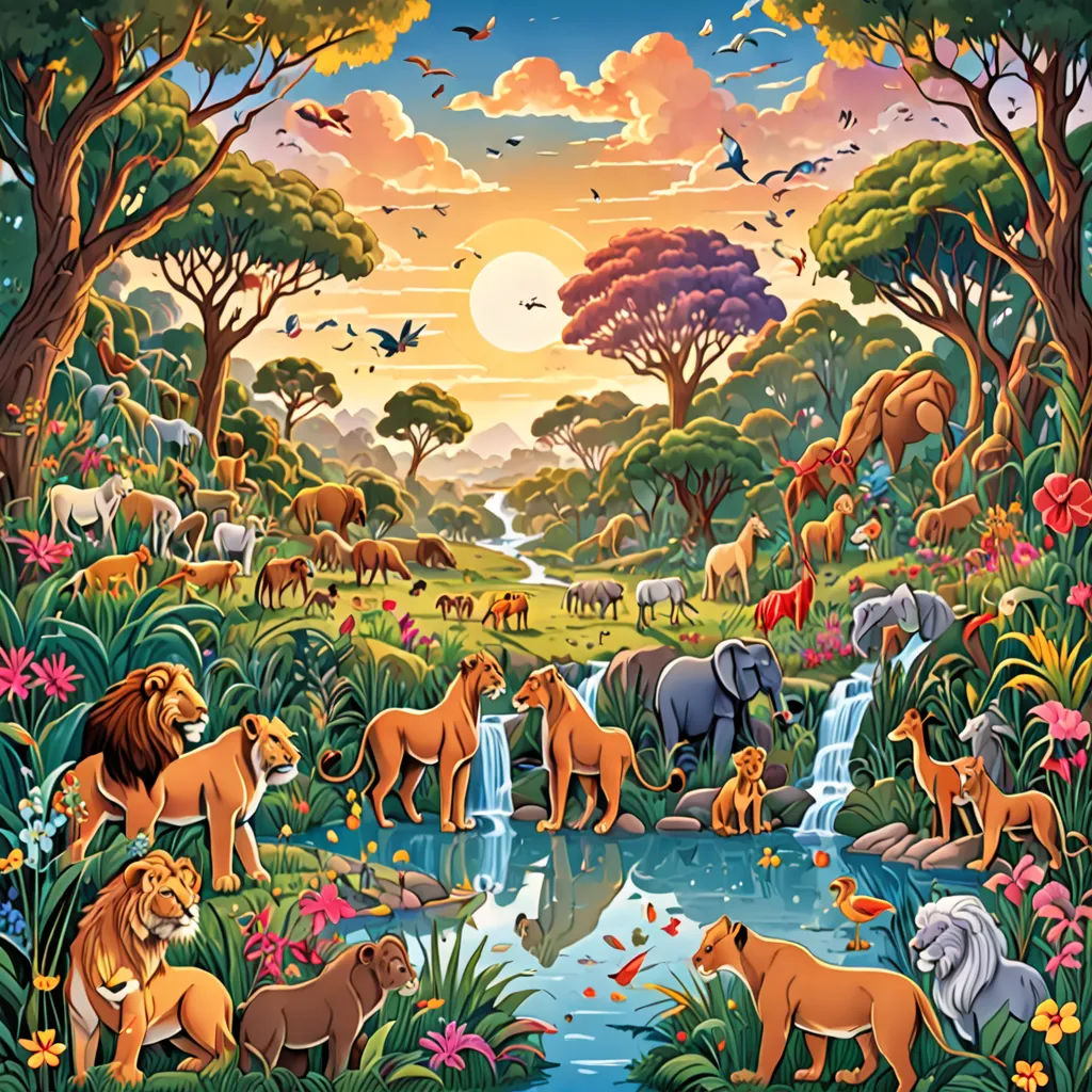 a painting of a jungle with animals and a waterfall in the middle of it, and birds flying around, naive art, a detailed painting, Chris LaBrooy, furaffinity