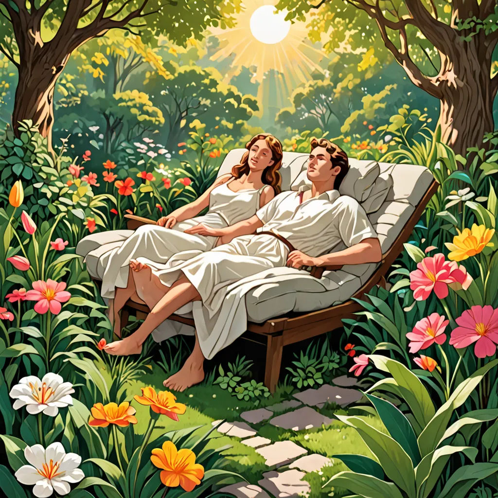 a painting of a couple laying on a bench in a garden of flowers and trees with the sun shining through the trees, neo-romanticism, a storybook illustration, Colin Middleton, rossdraws global illumination