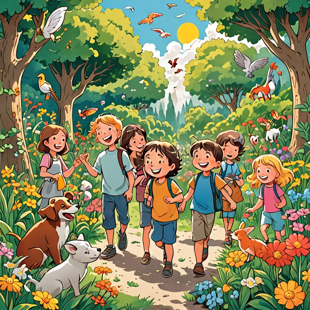 a group of children walking through a forest with animals and birds around them, with a dog on the ground, paris school, a storybook illustration, Diego Gisbert Llorens, comic cover art