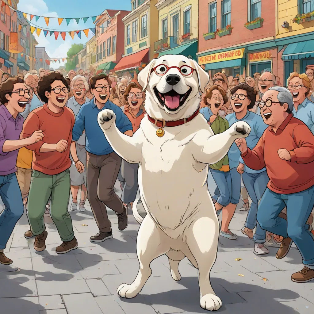 a cartoon dog is dancing in front of a crowd of people on a city street with a dog in the middle of the street, a comic book panel, Asaf Hanuka, furry art, official art