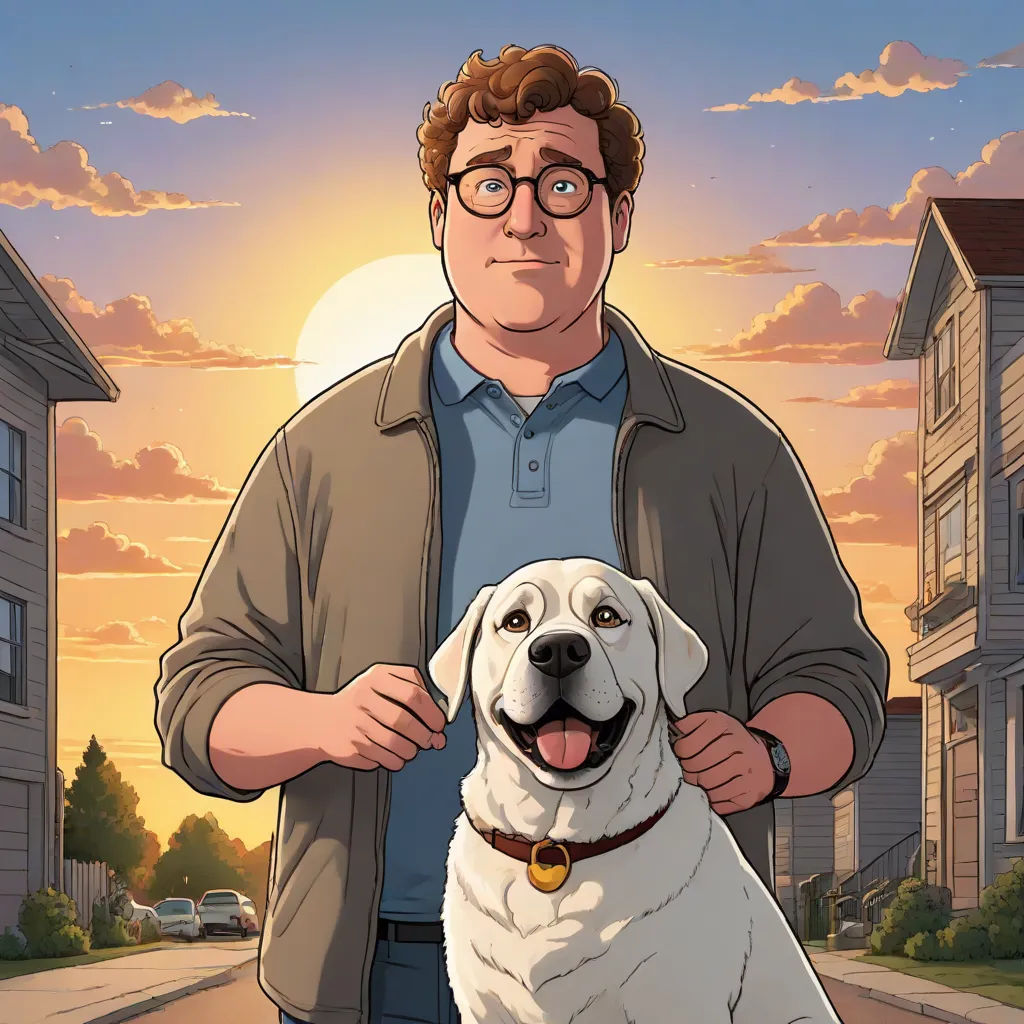 a man standing next to a white dog on a street with houses in the background and a sunset behind him, a comic book panel, David Budd, serial art, graphic novel