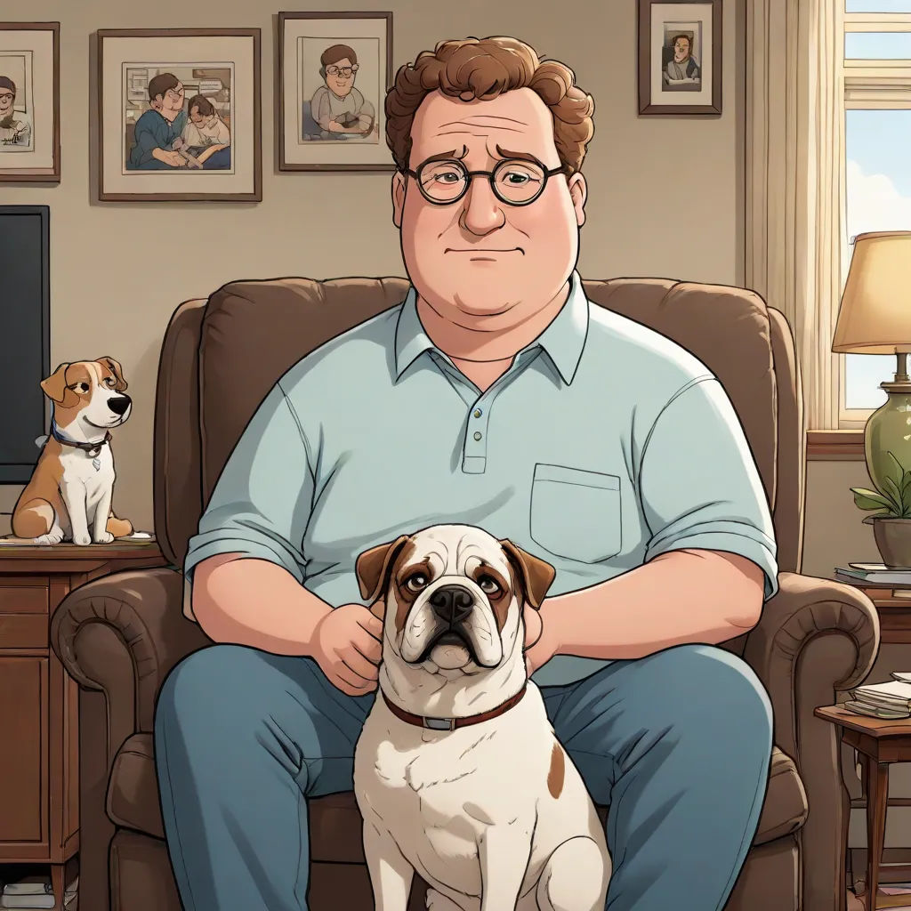 a man sitting in a chair with a dog in front of him and a dog sitting on the floor, a comic book panel, F Scott Hess, american realism, official art
