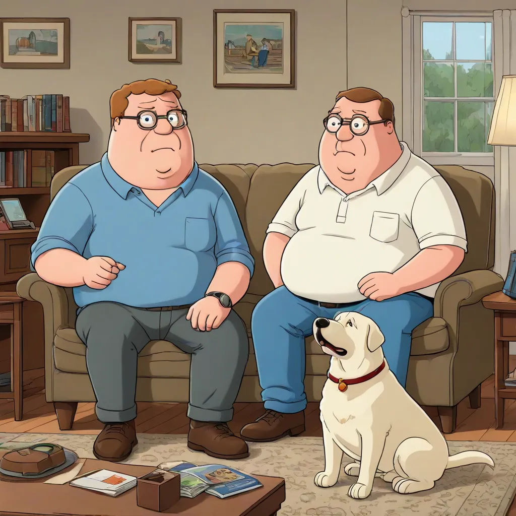 a man and a dog sitting on a couch in a living room with a dog looking at them in front of them, a comic book panel, Brian Fies, furry art, animated