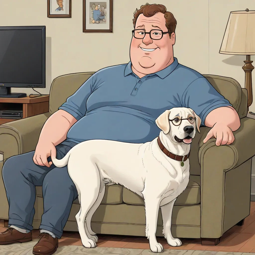 a man sitting on a couch with a dog in front of him and a tv in the background with a lamp on, a comic book panel, Dennis Ashbaugh, furry art, official art