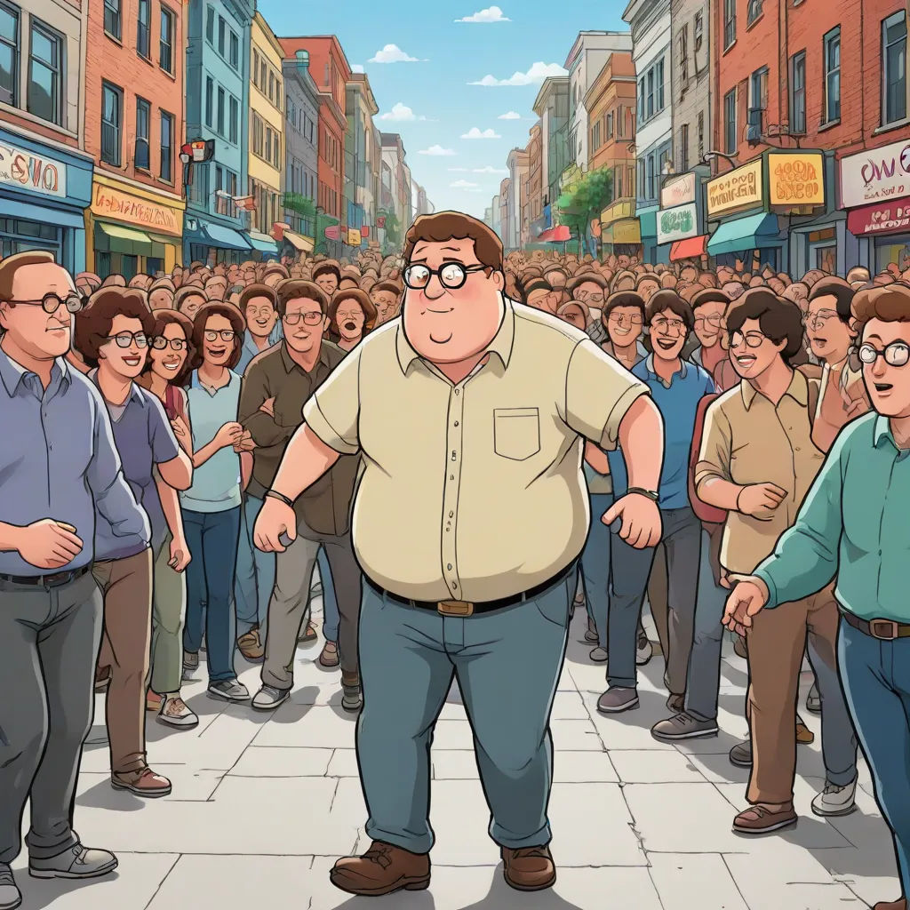 a man standing in front of a crowd of people on a street with a large man in the middle of the street, a comic book panel, Chris LaBrooy, serial art, animated