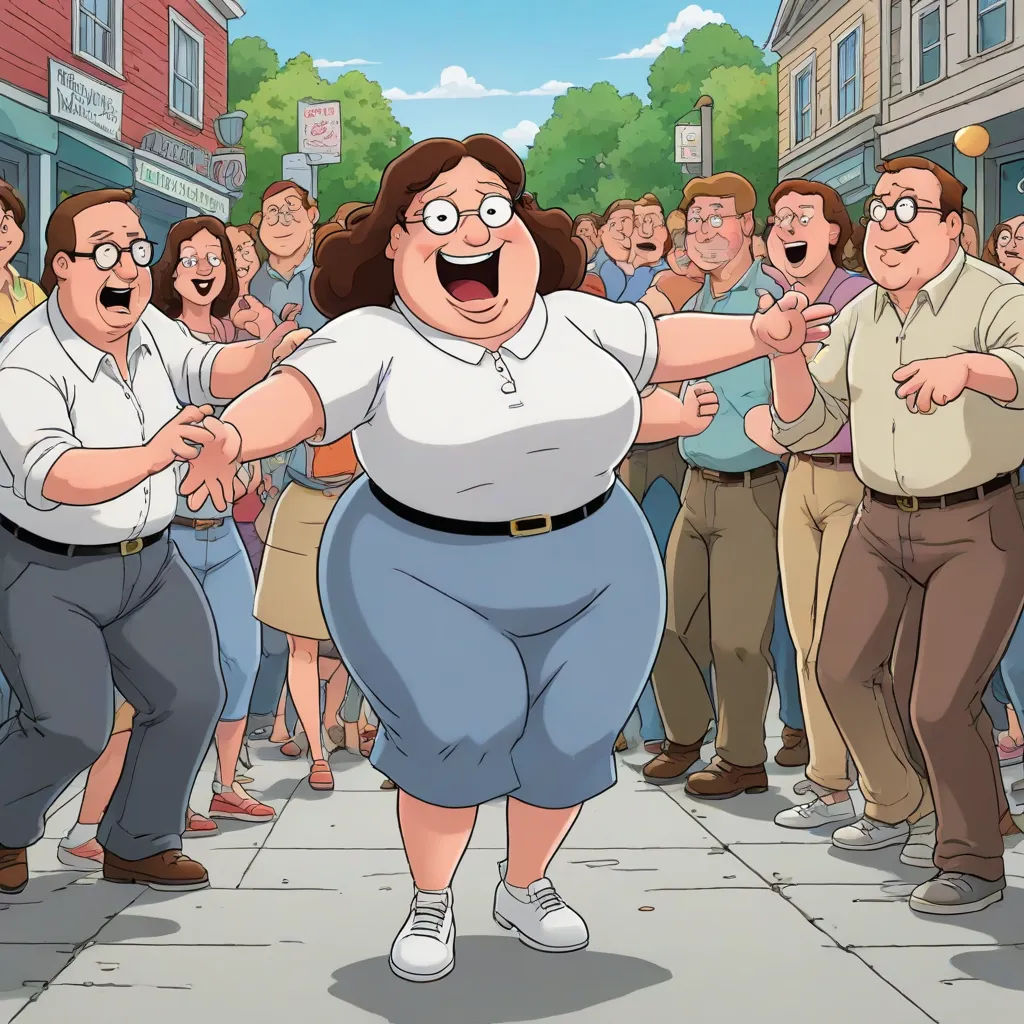 a woman in a white shirt and blue pants dancing with a crowd of people behind her on a city street, a comic book panel, Amy Weber, american realism, promotional image