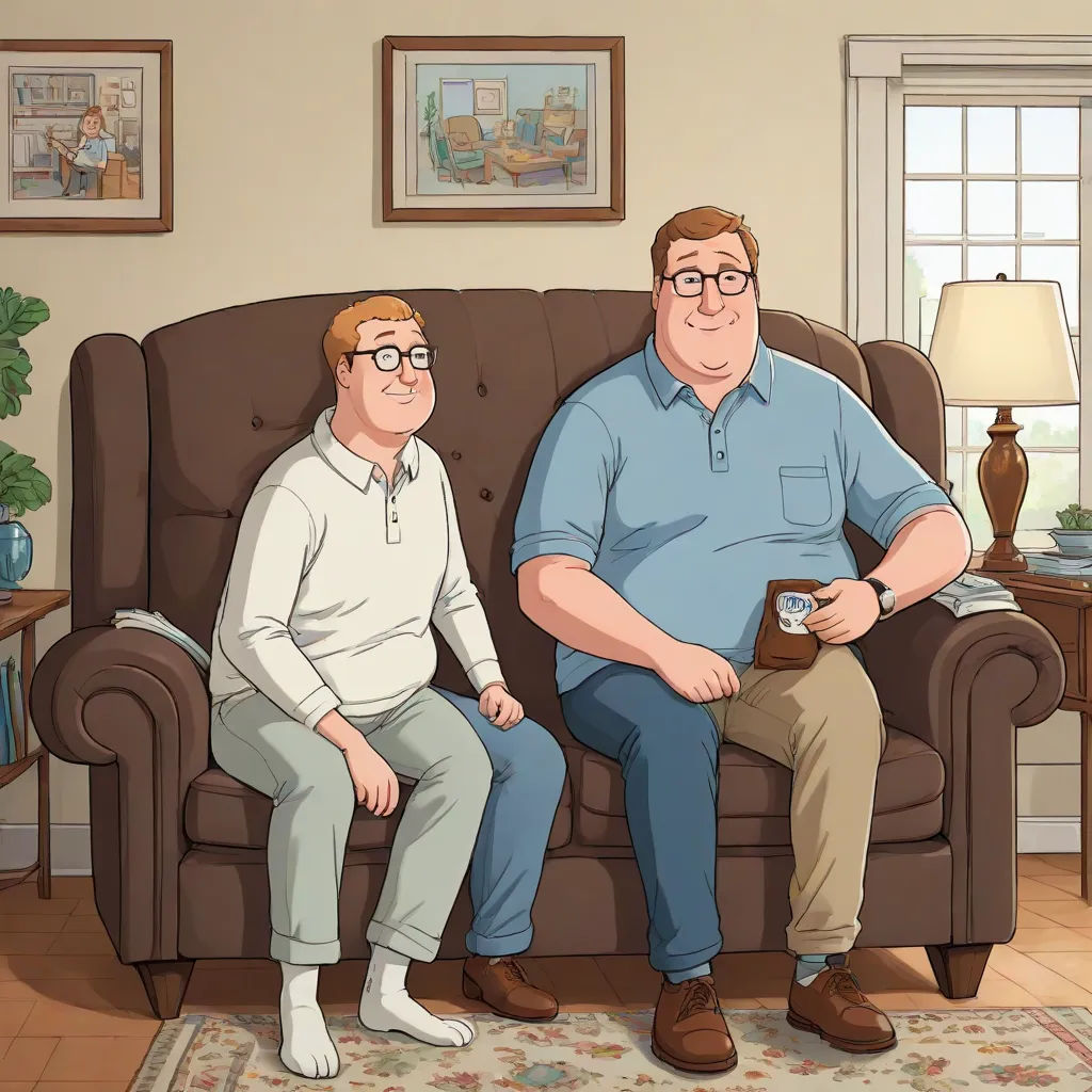 a man sitting on a couch next to another man on a couch in a living room with a lamp, a cartoon, Dennis Ashbaugh, american realism, animated