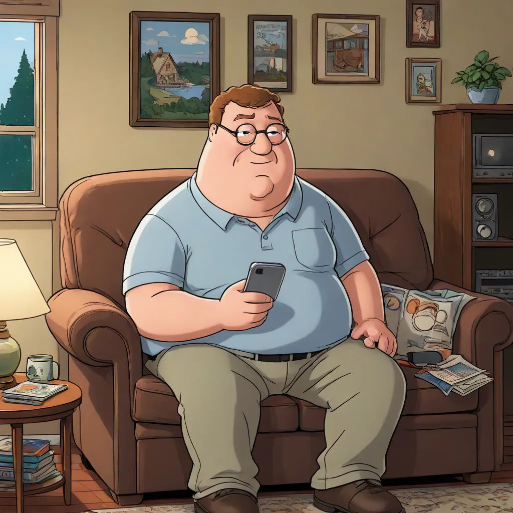 a man sitting on a couch holding a cell phone in his hand and looking at a magazine in his other hand, a cartoon, Brian Fies, american realism, animated
