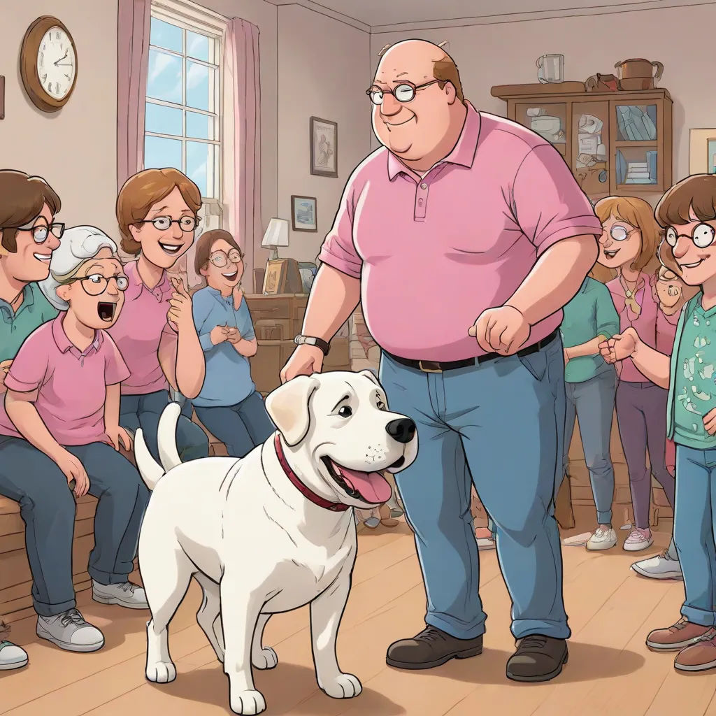 a man standing in front of a white dog in a room full of people and a clock on the wall, a comic book panel, Bob Singer, furry art, promotional image