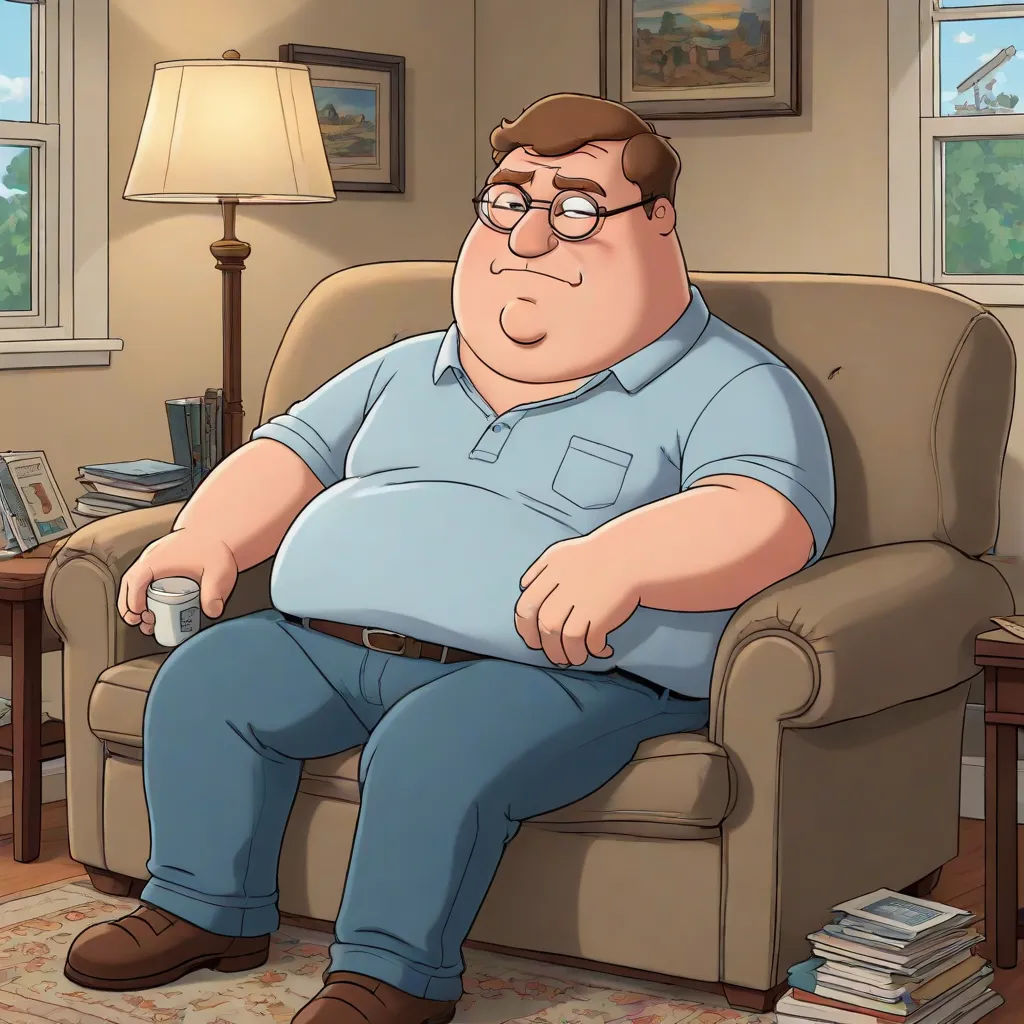 a fat man sitting in a chair with a remote control in his hand and a lamp on the side of the chair, a character portrait, Fernando Botero, american realism, animated