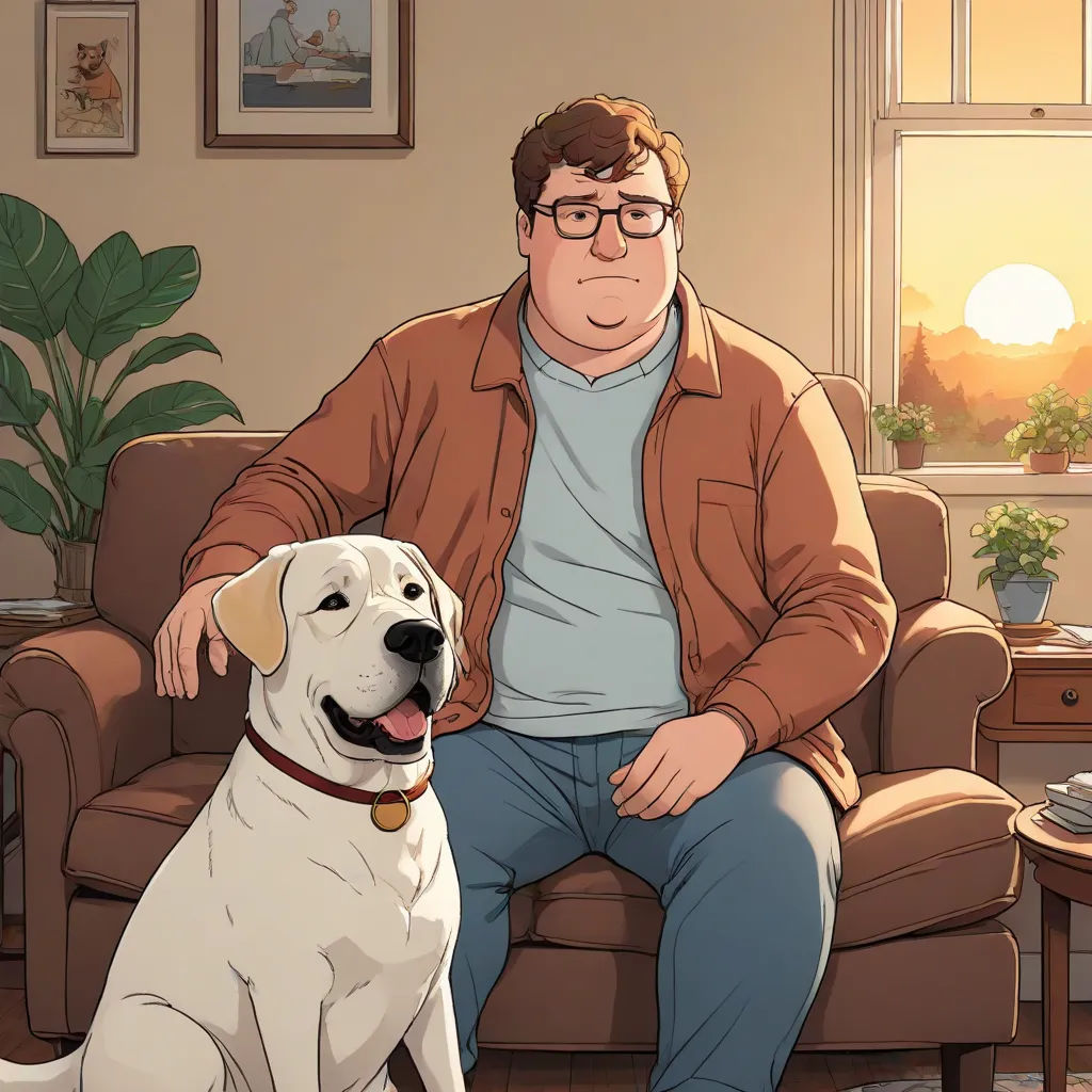 a man sitting on a couch next to a dog in a living room with a window and a potted plant, a comic book panel, Dennis Ashbaugh, furry art, official art