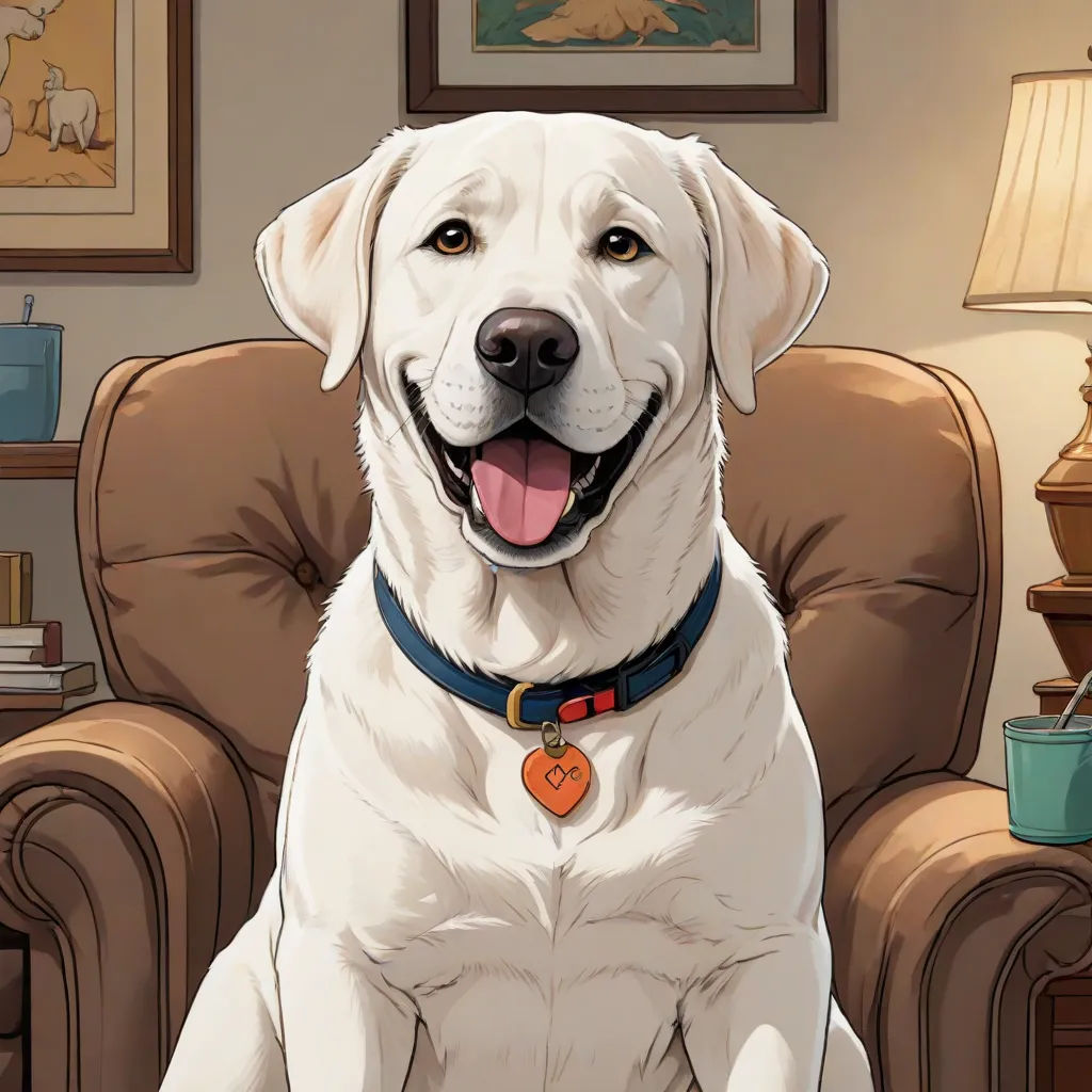 a white dog sitting in a chair with a lamp on the side of it's head and a lamp on the side table, a character portrait, Charles Schulz, furry art, official art