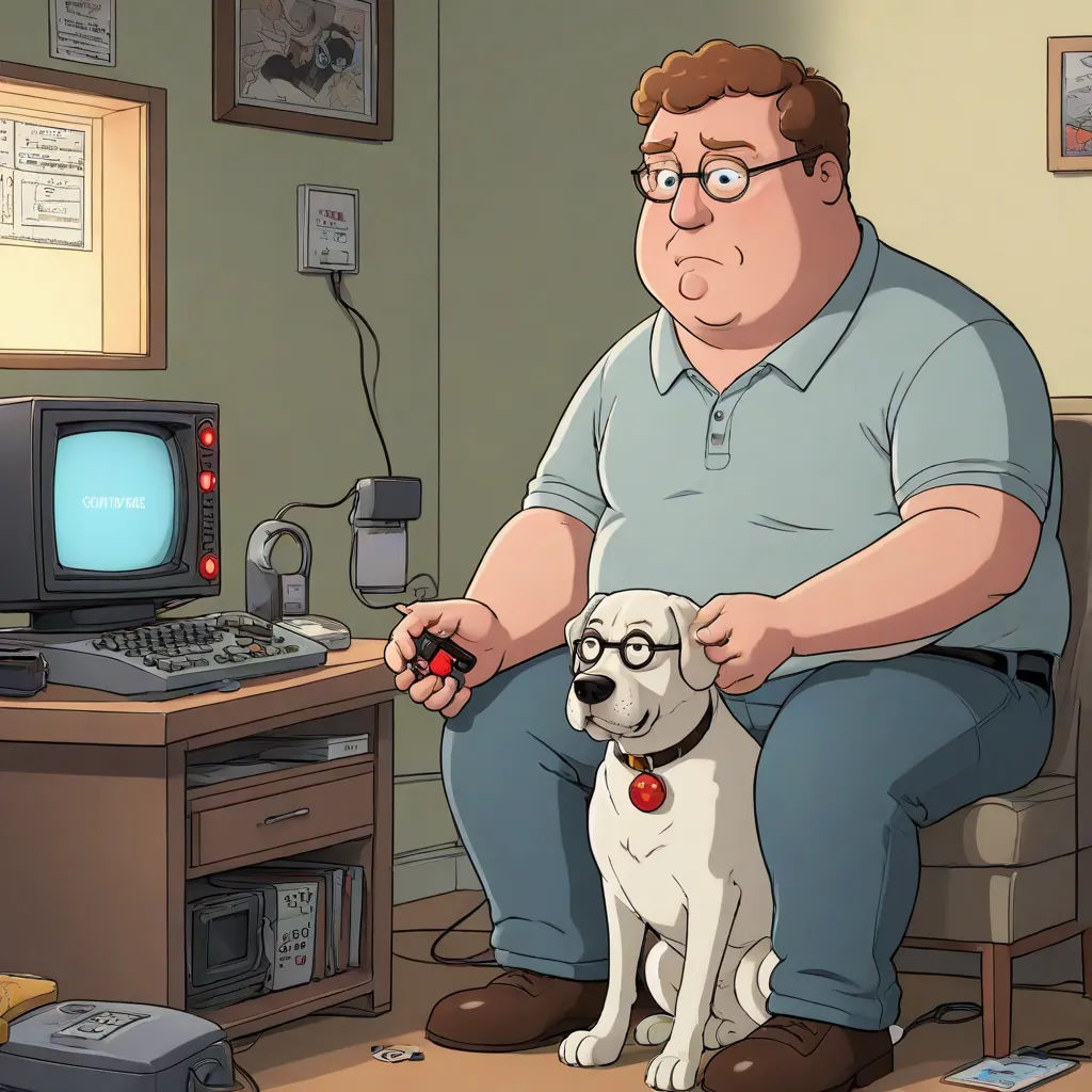 a man sitting in front of a computer desk with a dog on his lap and a computer monitor on the desk, a character portrait, Dennis Ashbaugh, computer art, video game