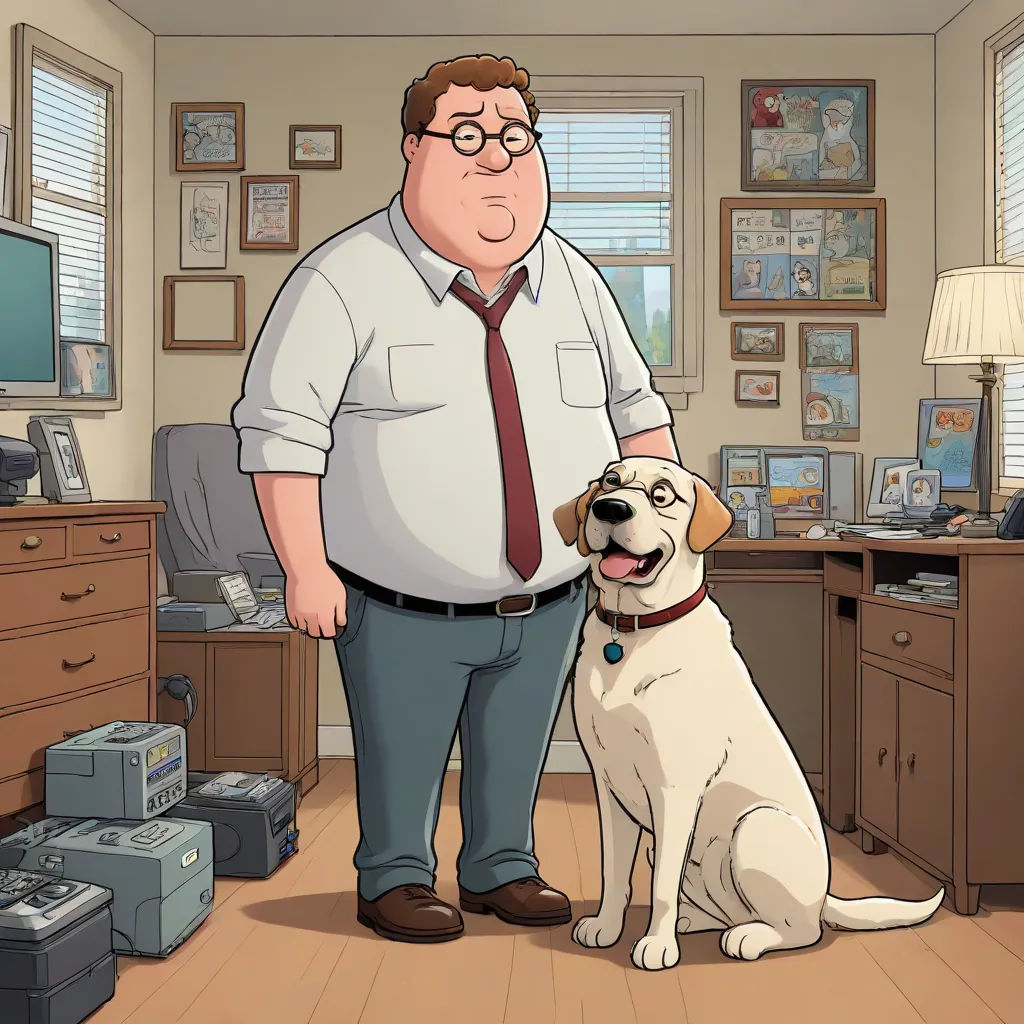 a man standing next to a dog in a room with a desk and a computer monitor on it's side, a comic book panel, Dennis Ashbaugh, furry art, official art