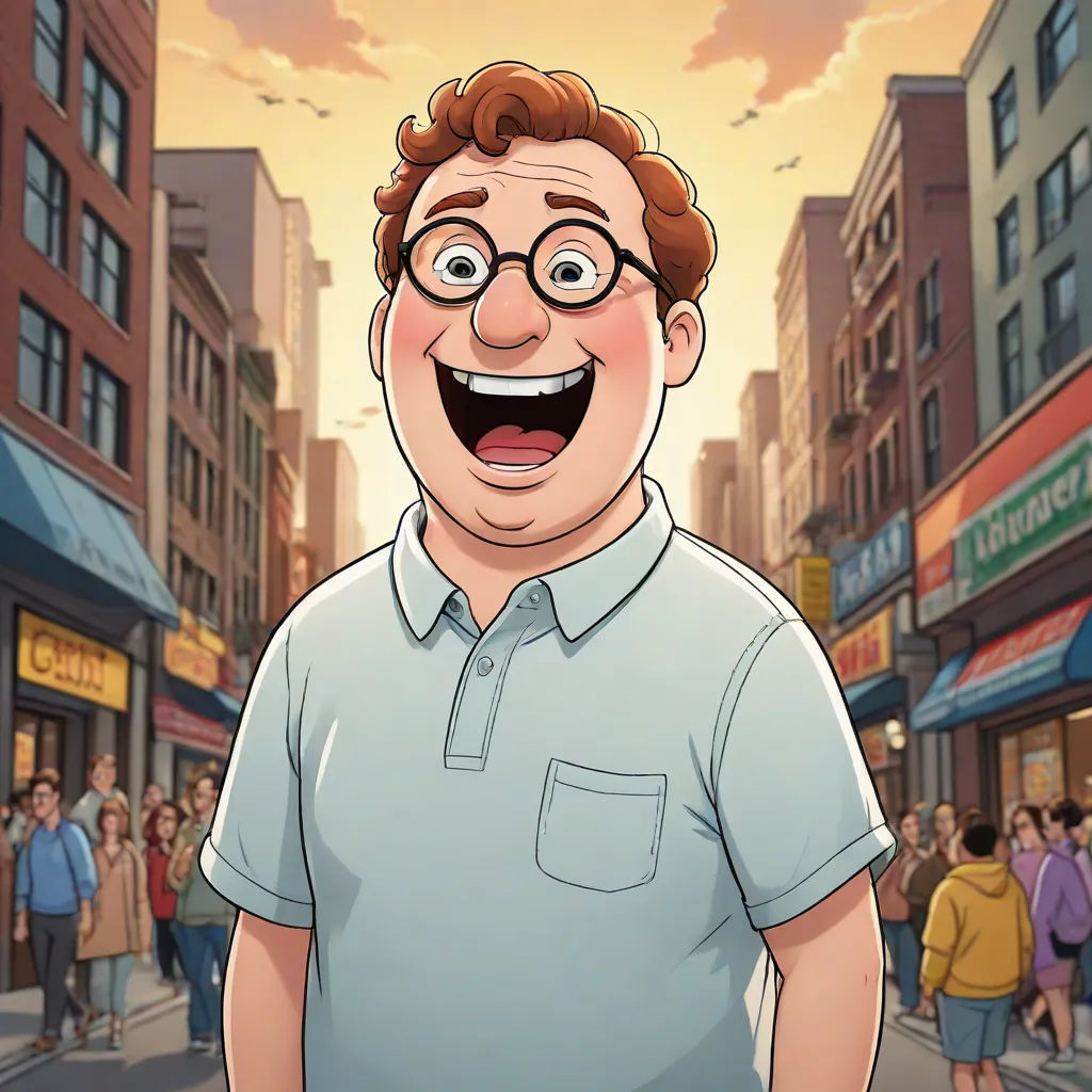 a cartoon man with glasses and a blue shirt on a city street with people walking around him and a crowd of people walking around him, a character portrait, Chris LaBrooy, serial art, promotional image