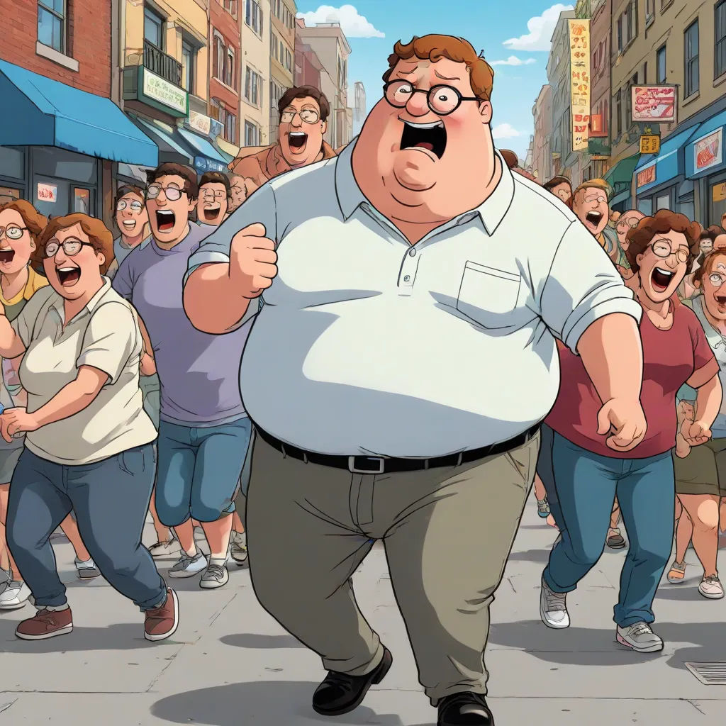 a man with a big belly and glasses is walking in front of a crowd of people on a city street, a comic book panel, Andrew Stevovich, american realism, official art