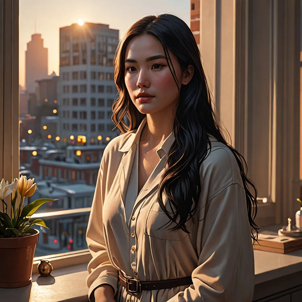 a woman standing on a balcony next to a potted plant and a window with a city view in the background, photorealism, a hyperrealistic painting, Chen Hong, stanley artgerm lau