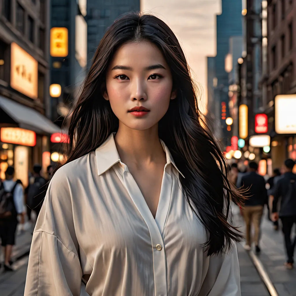 a woman standing on a street corner in a city at night with a lot of people walking around her, aestheticism, a character portrait, Choi Buk, portrait photography
