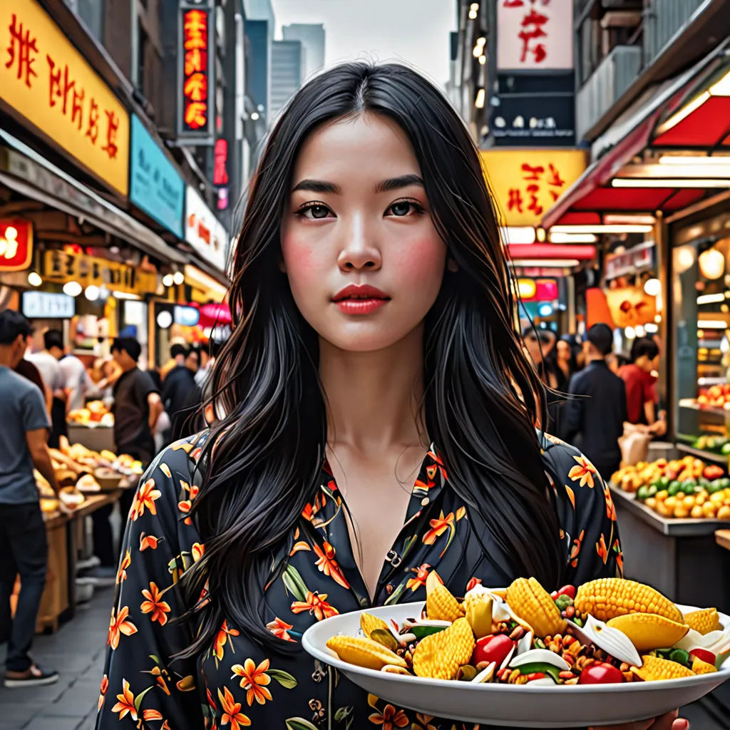 a woman holding a plate of food in a market place with people walking around it and a street vendor, hyperrealism, a stock photo, Cui Bai, affinity photo