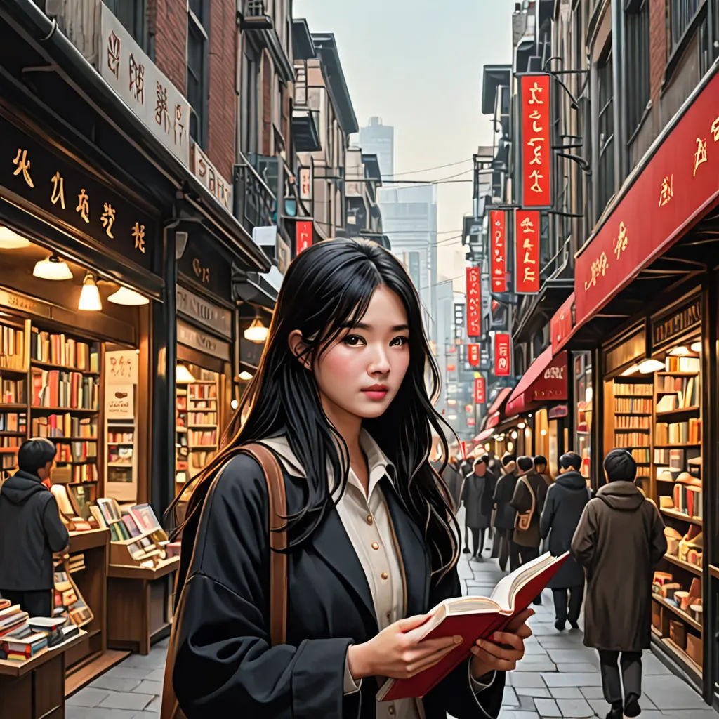 a woman is reading a book in a street market area in china, with a lot of people walking by, photorealism, a photorealistic painting, Evgeny Lushpin, stanley artgerm lau
