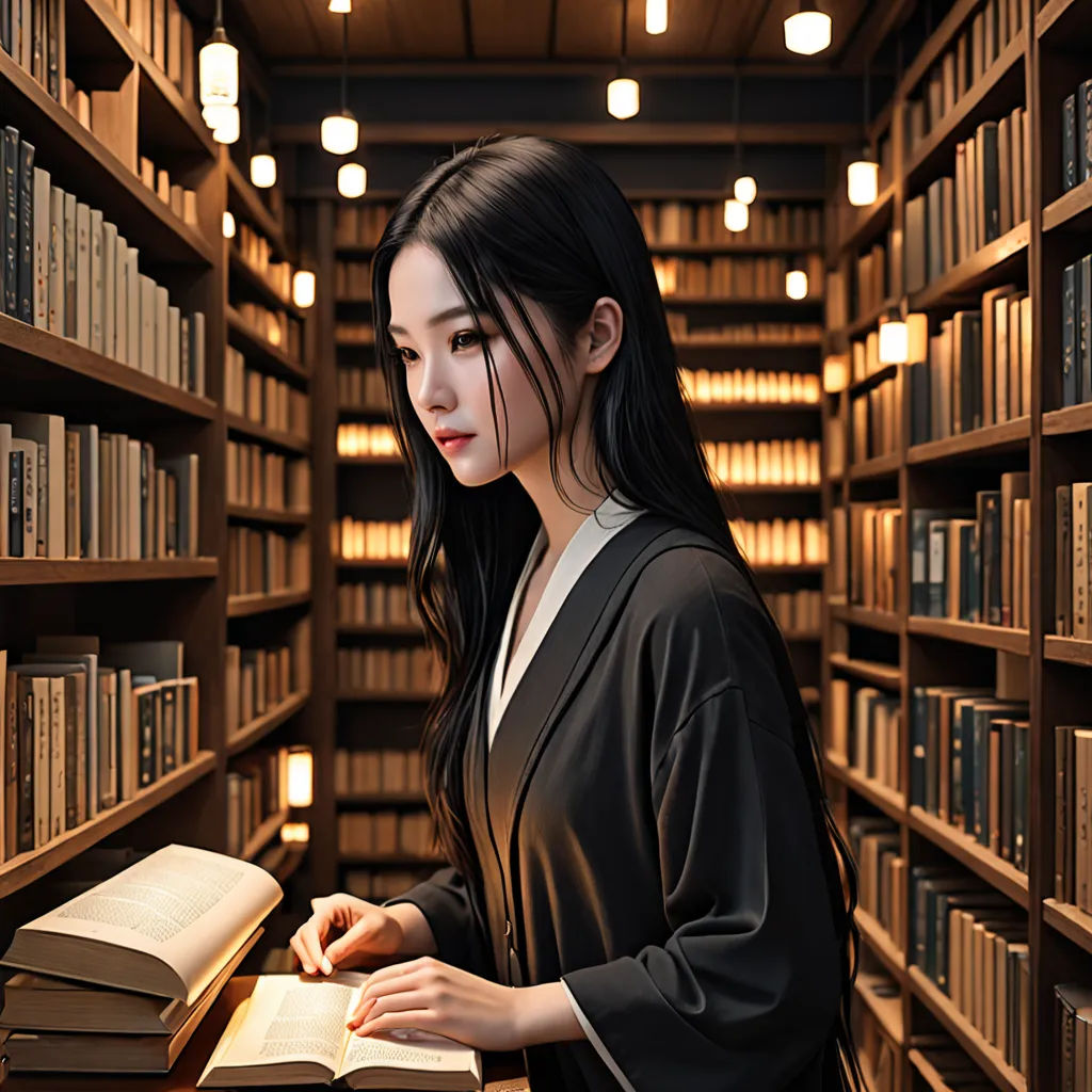 a woman is reading a book in a library with a lot of books on the shelves and lights on the ceiling, academic art, a character portrait, Bian Jingzhao, beautifully lit