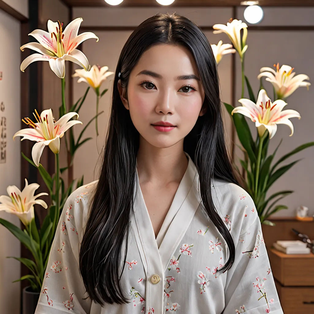 a woman standing in front of a bunch of flowers in a room with a vase of flowers behind her, cloisonnism, a character portrait, Byeon Sang-byeok, studio portrait